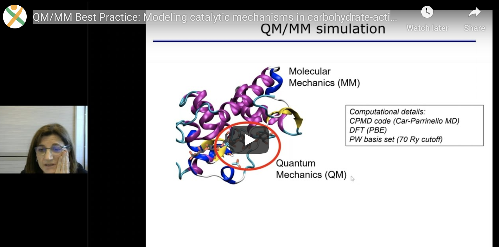 woman on the left and slide of her talk displaying QM/MM simulation on the right