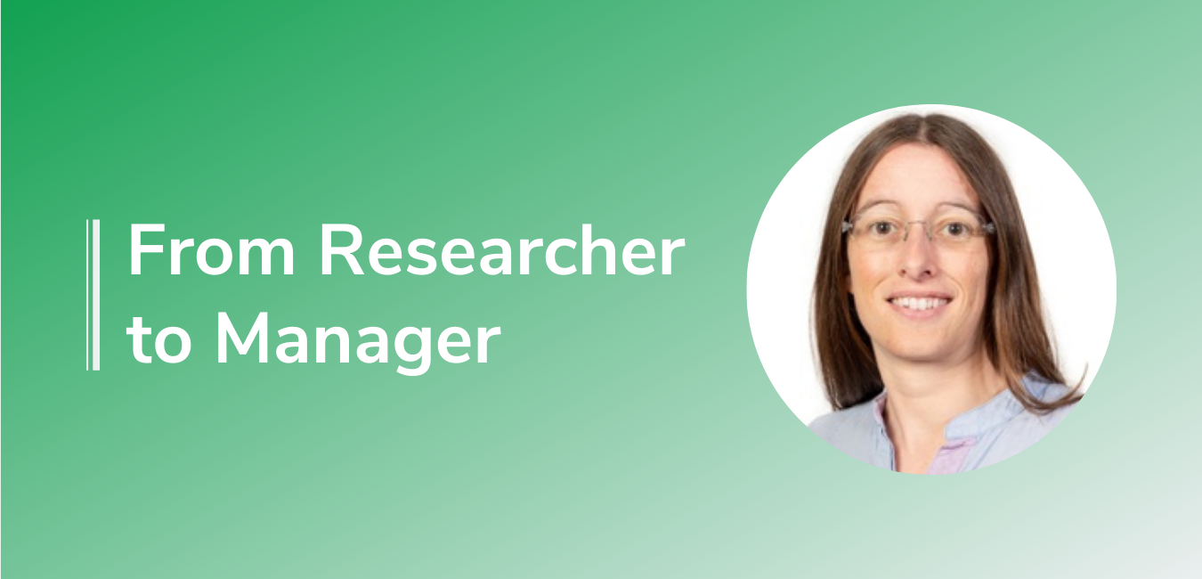 From Researcher to Manager featuring woman with brown hair and light blue shirt