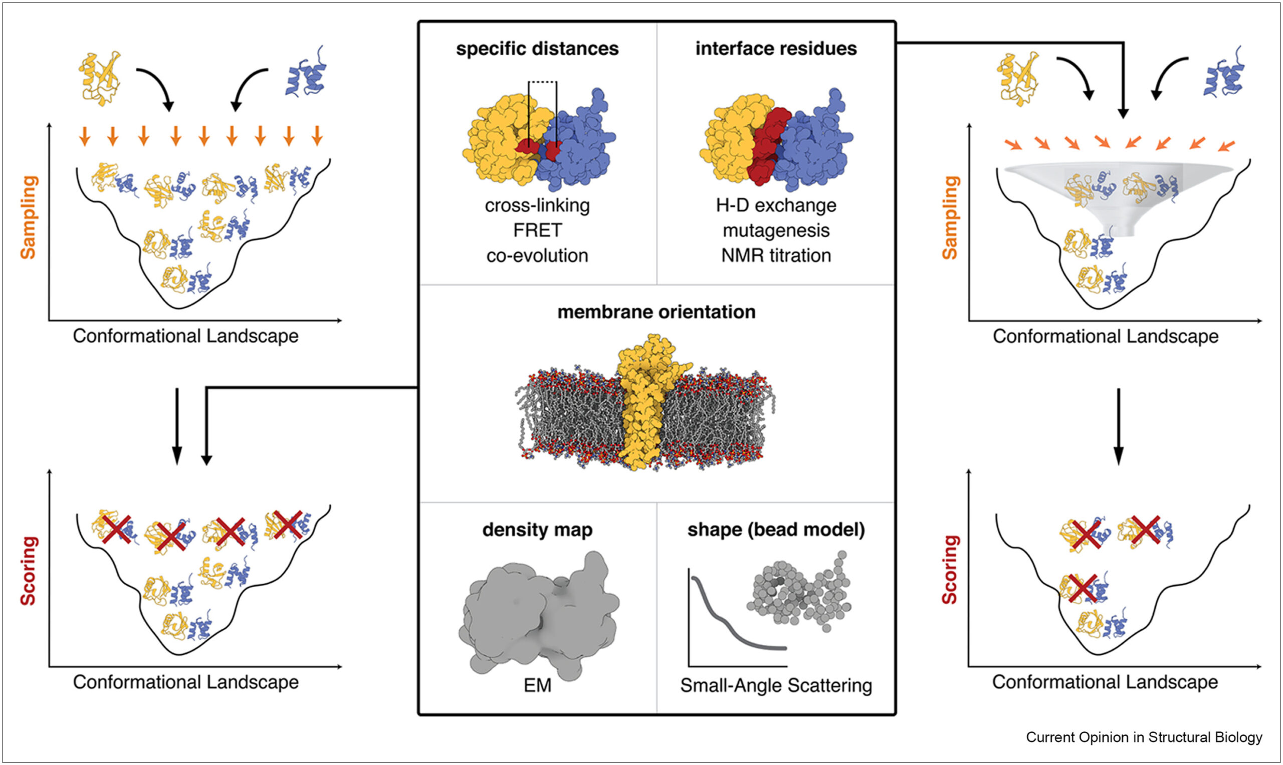 This figure illustrates the information-driven modeling of biomolecular complexes, within the central panel, an illustration of various information sources, on the left, a docking protocol that would only make use of the information in the filtering stage after sampling the interaction space, and on the right, an information-guided docking protocol that uses the data to bias the sampling and score the resulting models.